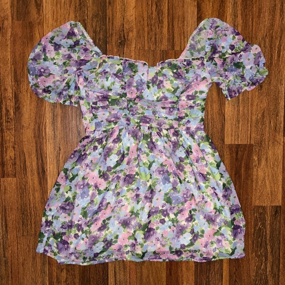 Purple Floral Puff Sleeve Mini Dress Ruched Square Neck Cottagecore Summer